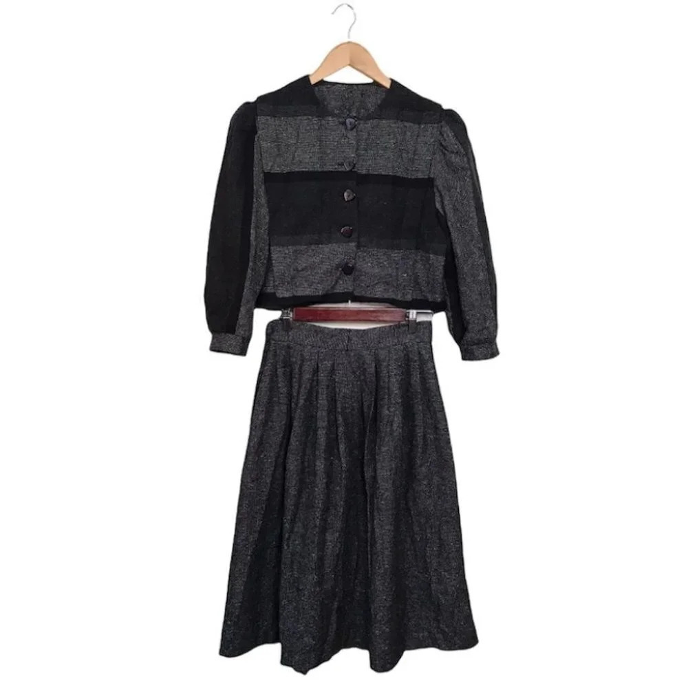 Vintage‎ Handmade 80s Retro 2 PC Blouse & Skirt Set  Black Gray Wool Blend